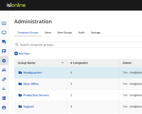 Display of Administration functionality